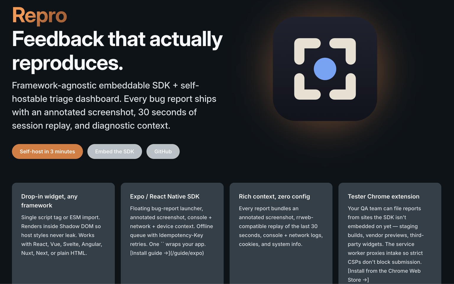 Repro landing page highlighting feedback reports with annotated screenshots and session replay.